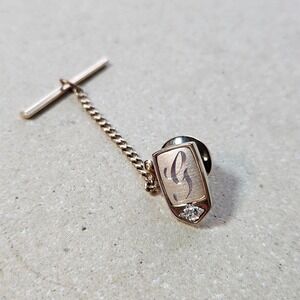 Vtg Pierre Cardin Gold Tone Initial G Tie Tack Pin Rhinestone and Safety Chain